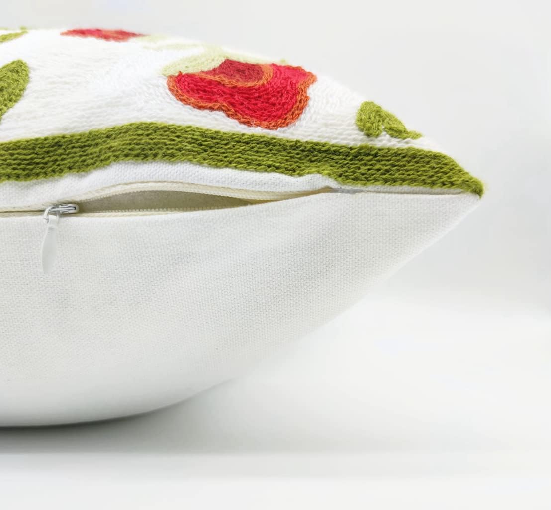 Alysheer Floral Embroidered Summer Decorative Throw Pillow Cover 18"x 18", Farmhouse Cottage Red Flowers Green Leaves Knit Pattern Cotton Canvas Cushion Case for Sofa Couch Bed Living Room Decor