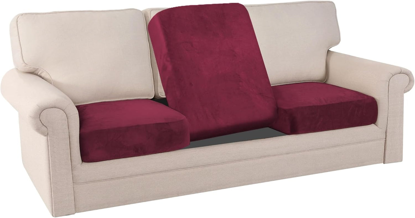 PrinceDeco Stretch Couch Cushion Covers Fitted Individual Seat Couch Slipcover Sets Velvet Fabric Soft Slip Cover for Chair Sofa Cushion Furniture Protector(Each Width Up to 29.5",Burgundy)