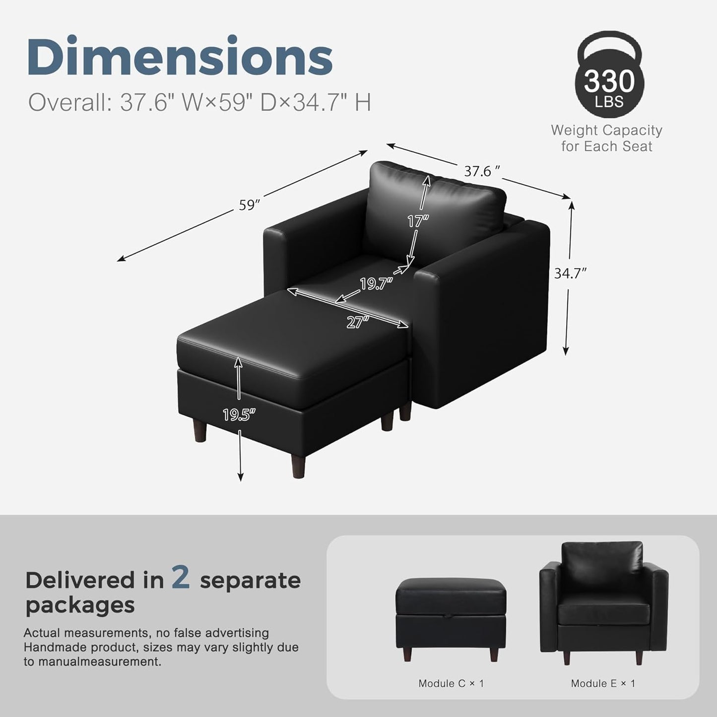 Faux Leather Single Sofa with Storage Ottoman, Modern Accent Chair Deep Seat Large Reading Armchair, Chaise Lounge Chair for Living Room Bedroom Office Black