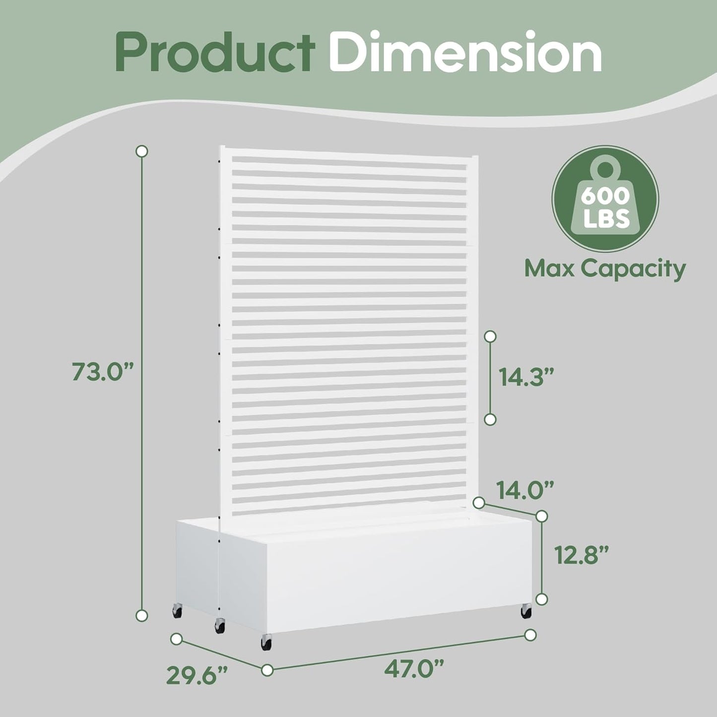 Double Metal Planter Box with Trellis Privacy Screen, Raised Garden Bed with Trellis & Wheels, Planter Box Outdoor with Drainage Holes for Climbing Plants, Vegetable, Vines,73"x 47"x 30", White