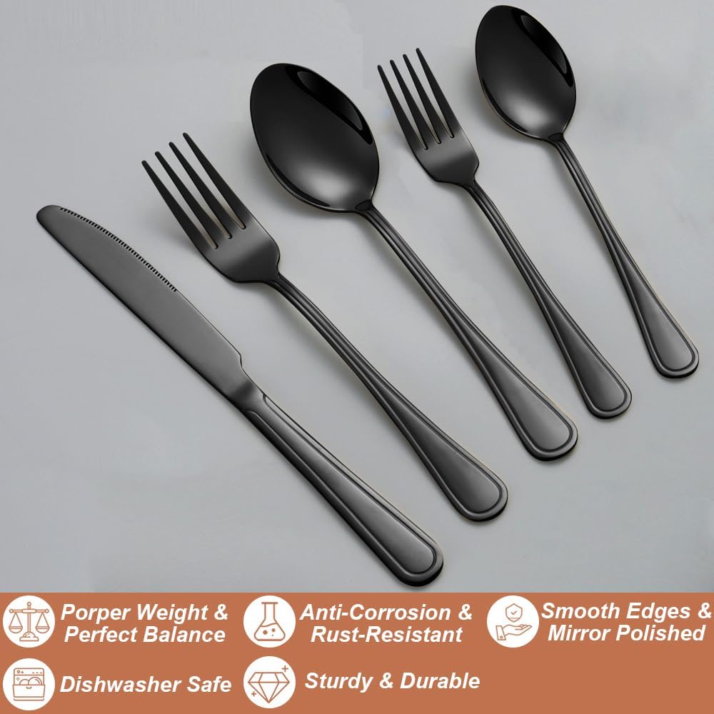 20 Pcs Black Silverware Set for 4 with Simple Striped Handle Design, Food Grade Stainless Steel Flatware Set, Eating Utensils Sets Include Fork/Knife/Spoon, Cutlery Set, Dishwasher Safe