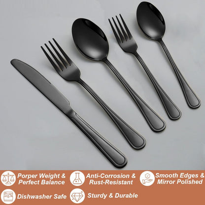 40 Pcs Black Silverware Set for 8 with Simple Striped Handle Design, Food Grade Stainless Steel Flatware Set, Eating Utensils Sets Include Fork/Knife/Spoon, Cutlery Set, Dishwasher Safe