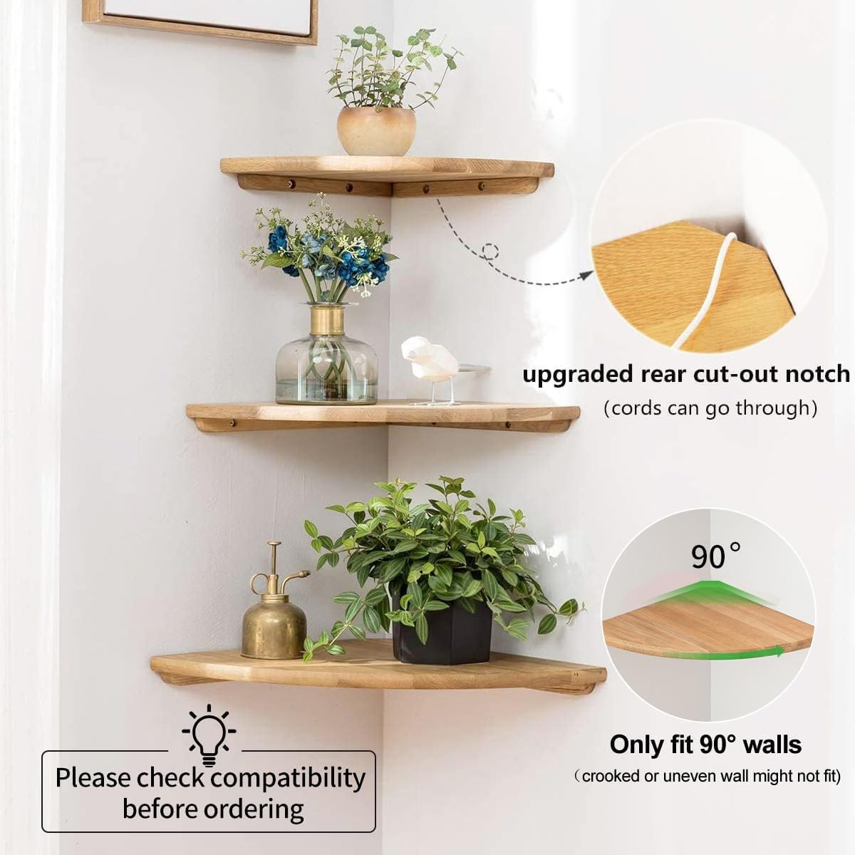 Corner Shelf, Solid Oak Wood Floating Corner Shelf Wall Mount Round End Floating Speaker Shelves with Wire Hole for Small Plant Photo for Bedroom Kitchen, Living Room