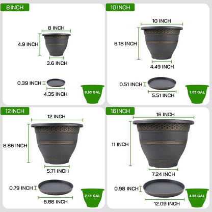 6 Pack 8 Inch Plant Pots, Plastic Flower Pot for Indoor & Outdoor with Drainage Holes & Saucer, Plaid Pattern Planters Garden Pots for Herbs