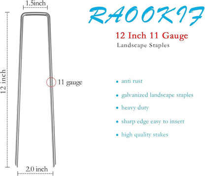 RAOOKIF 12 Inch Galvanized Garden Landscape Staples, 150Pcs Metal Stakes, 11 Gauge Heavy Duty Ground Stakes for Decoration, Fence, Lawn, Fabric Pins