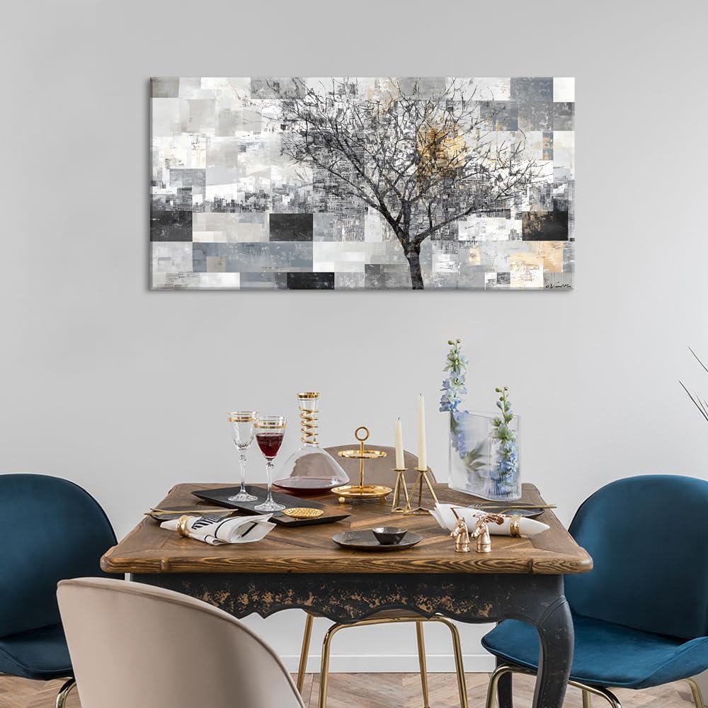 LASMOND Modern Abstract Tree Wall Art for Living Room Black and White Canvas Painting Wall Art Large Nature Landscape Artwork Bedroom Office Home Decor (30x16 Inches)