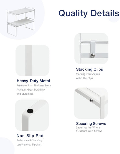 Nxconsu 2Pack Cabinet Shelves Stackable Shelf Organizer Rack Riser for Kitchen Cabinet Pantry Cupboard Counter Countertop Home Organization Storage Space Saver Heavy Duty Metal Nonslip White