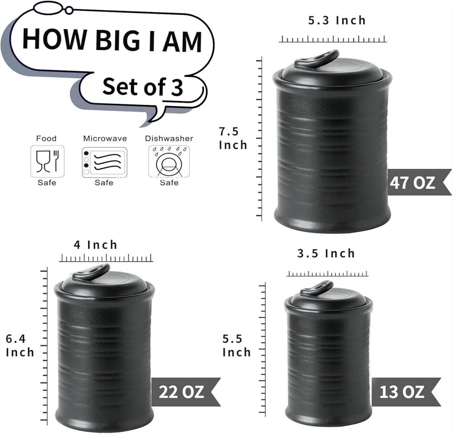 Nihow Food Storage Jar Sets: Ceramic Container with Air Tight Lid for Flour/Sugar/Rice/Coffee/Cookies/Candy - Seal Damp-proof Canister for The Kitchen - Set of 3 （Matte Black）