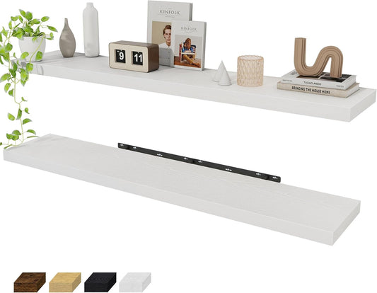 Fun Memories 55 Inch Floating Shelves for Wall 2 Pack Shelves for Bedroom|Kitchen|Bathroom 55 x 9.3 Inch Wood Floating Shelf with Invisible Brackets for Books|Storage|Decor, White