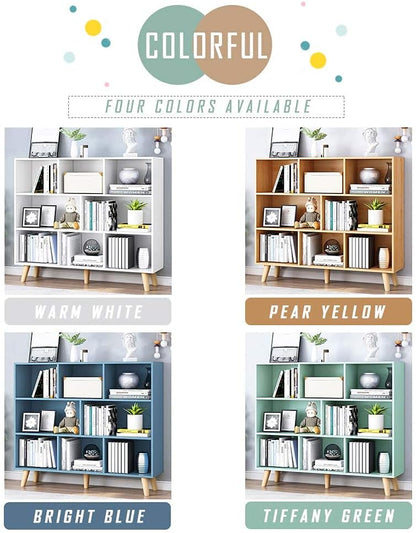 IOTXY Wooden Open Shelf Bookcase - 3-Tier Floor Standing Display Cabinet Rack with Legs, 8 Cubes Bookshelf, Tiffany-Green