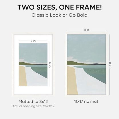 Homeforia 11x17 White Wood Frame, High End Oak 17 x 11 White Wooden Picture Frames with Mat 8 by 12, 11x17 Poster Frame Matted to 8x12 inch Photo, 17x11 Thin Frames, Tempered Glass, Wall Kit, Set of 1