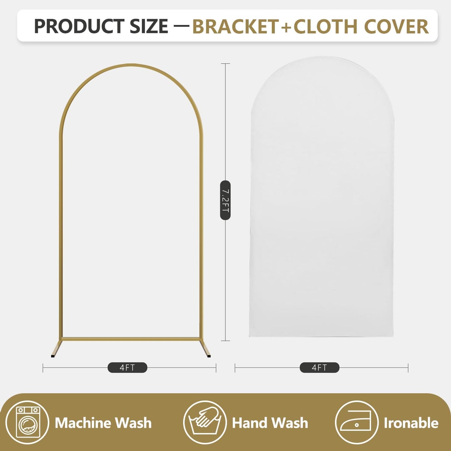 Arch Backdrop Stand and Cover Set, Metal Balloon Arch Backdrop 7.2ft, Gold Arched Stand Frame for Wedding, Parties,Birthday, Backdrop Decorations (White,7.2ft)