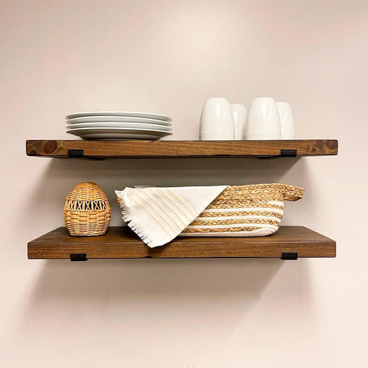 Rustic Shelves with J-Brackets Set of 2, Industrial Shelf, Kitchen Shelves, Solid Wood, Decorative Wall Storage, Heavy Duty, URBANDI (Provincial, 36Wx6D)