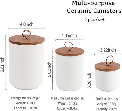 YYW Kitchen Canister Set for Countertop Set of 3, 9/28/45 oz Ceramic Food Storage Containers with Airtight Wood Lids, Food Saver Jars for Coffee, Tea, Candy, Flour(Three-piece suit in black)
