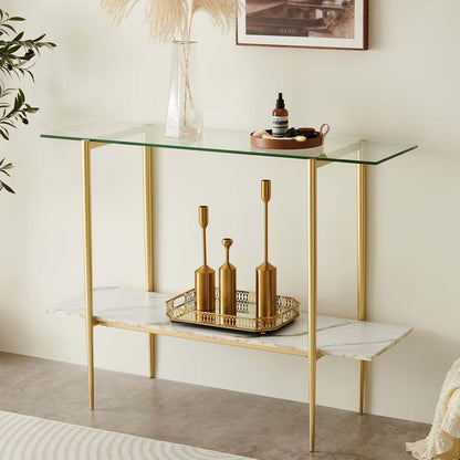 Glass Console Table for Living Room, Foyer & Entrance, 2-Tiers Mid-Century Modern Sofa Table with Clear Glass Top, White Marble Finish Wood Shelf and Gold Finish Frame