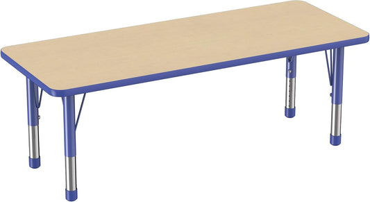 Factory Direct Partners FDP Rectangle Activity School and Classroom Kids Table (24 x 60 inch), Chunky Toddler Legs, Adjustable Height 15-24 inches - Maple Top and Blue Edge