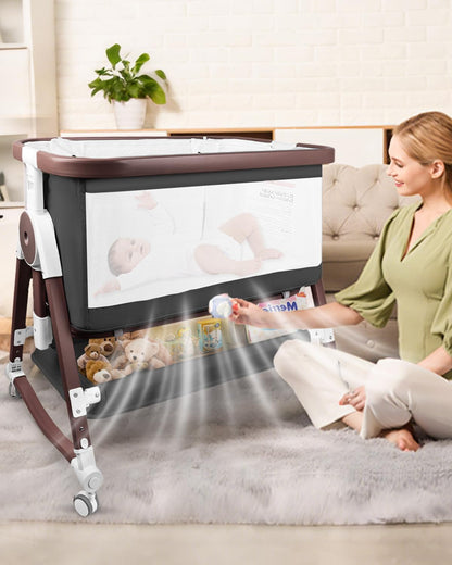 4 in 1 Baby Bassinet, Bassinets Bedside Sleeper with Wheels and Storage Basket, Adjustable 7 Heights Bedside Sleeper with Mosquito Net, Breathable Mesh Rocking Bassinet for Baby