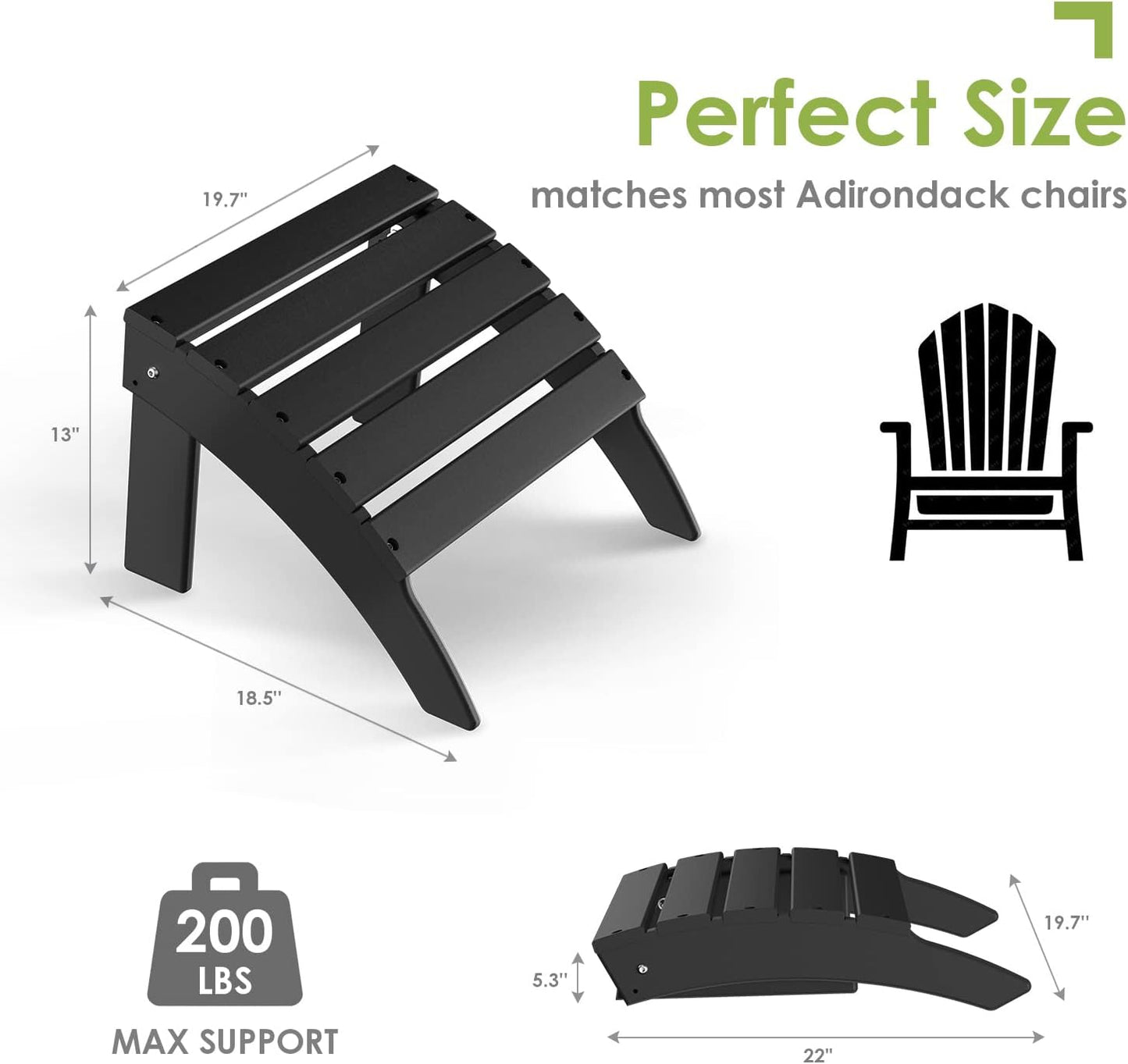 GREENVINES Adirondack-Ottoman | HDPE Plastic | Outdoor Footrest | All Weather | Foot Rest | Foot Stool | Black | for Adirondack Chair | for Patio Backyard Pool