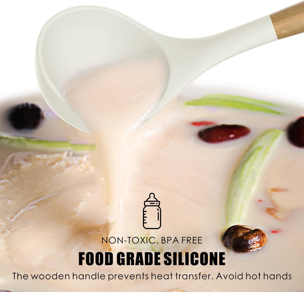 Silicone Cooking Utensils Set - 446°F Heat Resistant Silicone Kitchen Utensils for Cooking,Kitchen Utensil Spatula Set w Wooden Handles and Holder for Non-Stick Cookware, BPA FREE (Cream White)