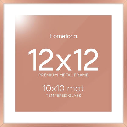 Homeforia 12x12 Picture Frame Rose Gold, High End Metal 12 x 12 Square Poster Frame with Mat 10 x 10 Photo, 12x12 Frame Matted to 10x10 Print, 12by12 Hanging Frames, Tempered Glass, Wall Kit, Set of 1