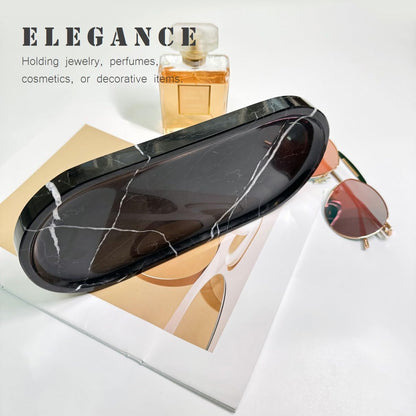 JINGJU Black Root Marble Oval Tray 10x5inches, Natural Stone Decorative Tray for Jewelry, Candle, Bathroom Counter, Coffee Table