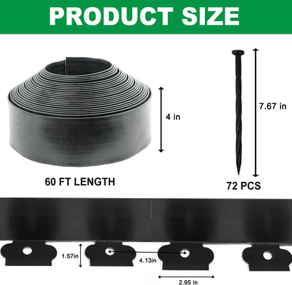 Hugeleaf Landscape Edging Border 60 Feet with 72pcs Spikes, 4inches Flexible Plastic Garden Edging for Landscaping, Lawn, Flower Bed, Yard（Black）