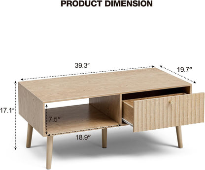 Coffee Table with Storage, Boho Dining Table with Fluted Drawer and Solid Wood Legs, Small Coffee Tables for Living Room, Oak