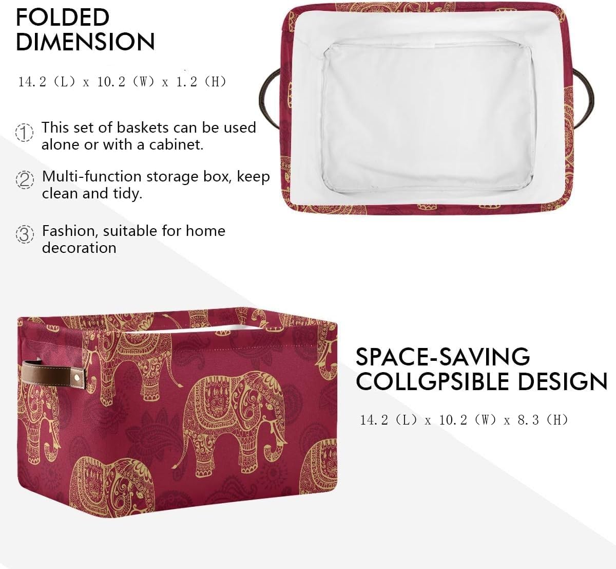 susiyo Foldable Storage Bins Large Collapsible Fabric Storage Baskets with Leather Handles Organizing Box for Shelves Home Bedroom Nursery Office 1 Pack，Indian Tribal Elephants
