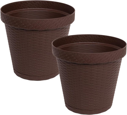 Elly Décor Set of 2 12 inch Round Saucer Modern Self Watering Planter Plates, Pots with Rattan-Like Finish, 12x12 Chocolate Brown