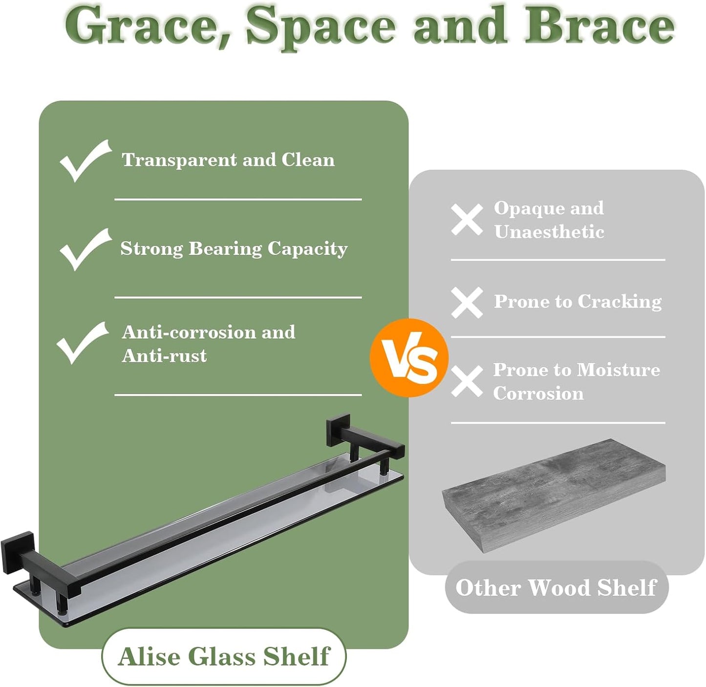 Alise Bathroom Shelf Wall Mounted, Matte Black Large Capacity Glass Shelf for Bathroom, 24 inch