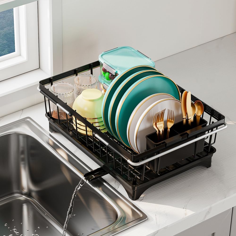 Expandable Dish Drying Rack in Sink, Adjustable Stainless Steel Rustproof Grip Handles Dish Rack Over The Sink, Dish Strainer with Drying Tray & Utensil Holder