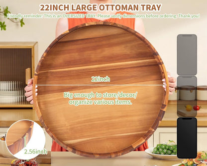 Extra Large Round Ottoman Coffee Table Tray, 22" Big Kitchen Serving Trays for Huge Ottoman Counter Giant Decorative Organizer, Huge Wood Serveware Tray with Built-in Handle for Big Job