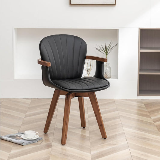 LUNLING Swivel Dining Chairs, Mid Century Modern Black Faux Leather Kitchen Chairs with Arms,Bamboo