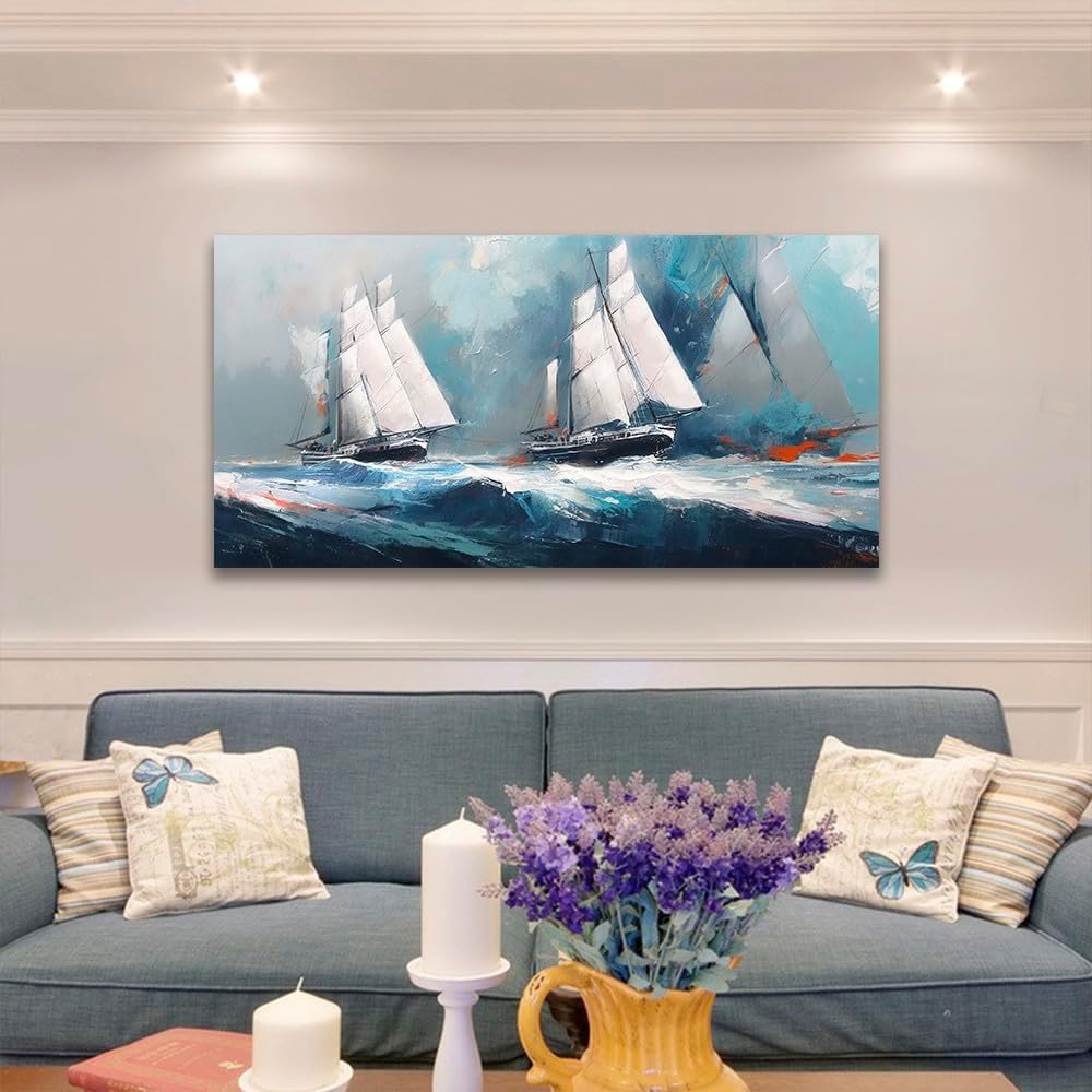 RUISHI Ocean Wall Art For Living Room Abstract Sailboat Canvas Nautical Painting Teal Blue Textured Print Coastal Themed Picture Artwork for Bedroom Bathroom Home Office Decoration 40L x 20W