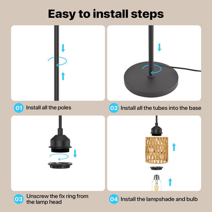 3-Light Boho Floor Lamp for Living Room, Rattan Wicker Standing Lamp Palm Tree Design, Farmhouse Coastal Floor Light with Woven Shade, Tall Bohemian Lamp