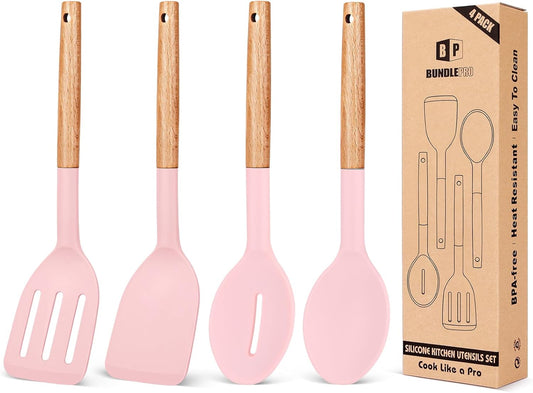 Pack of 4 Silicone Cooking Utensils Set, Non Stick Solid Spatulas and Heat Resistant Slotted Spoons