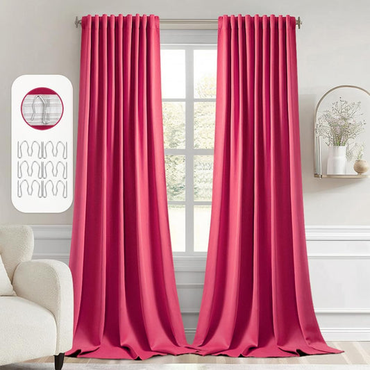 MIULEE Hot Pink Back Tab Blackout Curtain 96 Inch Long 2 Panels Set for Bedroom, Rod Pocket/Pinch Pleat Thermal Insulated Living Room Darkening Pleated Light Blocking Floor to Ceiling Drape