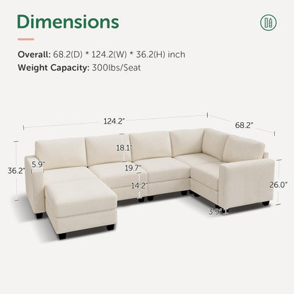 HONBAY U-Shaped Corduroy Sectional Couch with 6 Seaters Modular Sectional Sofa with Storage Ottoman Sectional Couches for Living Room, Beige