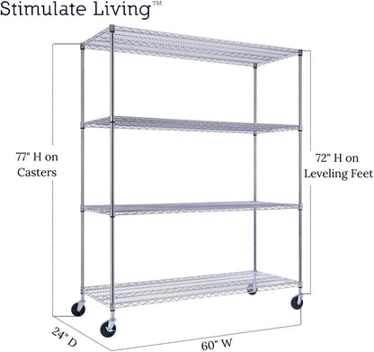 60"x24"x72" PRIME HEAVY DUTY Chrome 4-Tier Wire Shelving NSF 2400 LBS MAX Capacity Storage Rack for Commercial, School, Home, Garage, Warehouse, Industrial, and Hospital Uses (with Wheels)