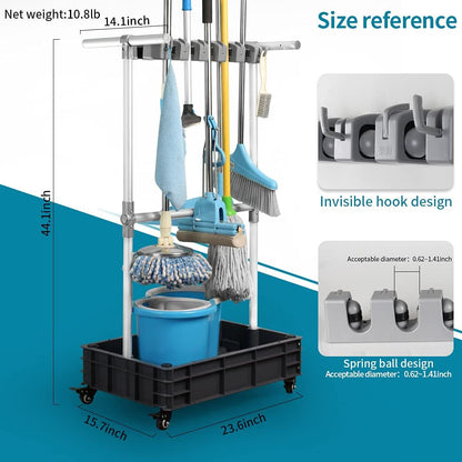 Broom And Mop Holder Put Wet Mops Movable Floor-Mounted Mop Rack Floor Standing Cleaning Tool Cart Storage For Garden Garage Schools, Hospitals, Factories, Hotels,Property Companies (12racks)