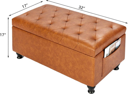 Leather Storage Ottoman Bench Rectangle 32 Inch Foot Rest Ottomans Stool for Living Room Bedroom(Yellowish Brown)