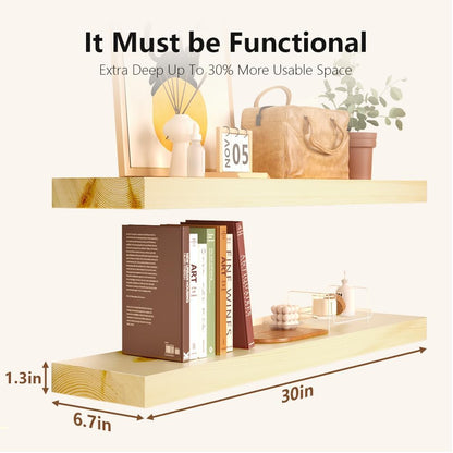 Habudda Floating Shelves for Wall, Solid Pine Wood Shelf for Bathroom Bedroom Kitchen, Rustic Room Decor, Wall Mounted, 30 Inches Long, Set of 2, Natural