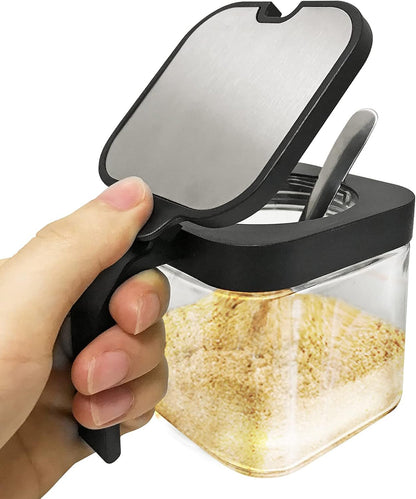 XIUDI Glass Spice Jars(3 piecesset)，Seasoning Containers with 304 Stainless Steel Lids and Spoons，Clear Glass Condiment Canisters Pots Seasoning Box Salt Container Sugar Bowl，for Kitchen,