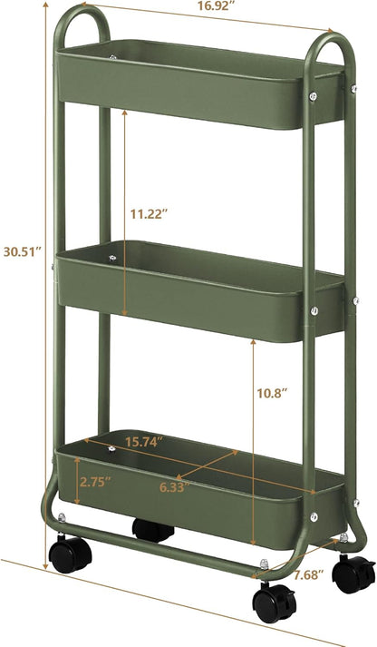 SunnyPoint Slim Rolling Storage Cart, 3 Tier Bathroom Storage Organizer Bathroom, Laundry Utility Cart (Army)