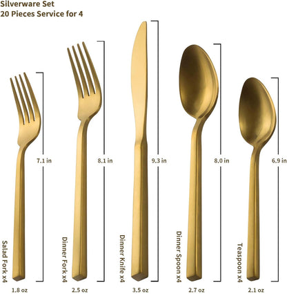 Alata Cube Gold 45-Piece Flatware Set, Forged Cutlery Set, Matte Gold Silverware Service for 8, Stainless Steel Tableware with Square Handle for Home/Restaurant, Dishwasher Safe