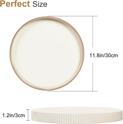 KINGFOM Decorative Serving Tray, PU Leather Valet Nightstand Desk Organizer for Men Women, Round Tray Decor for Coffee Table/Home Decor, Modern Decorative, Centerpiece (Ivory White)