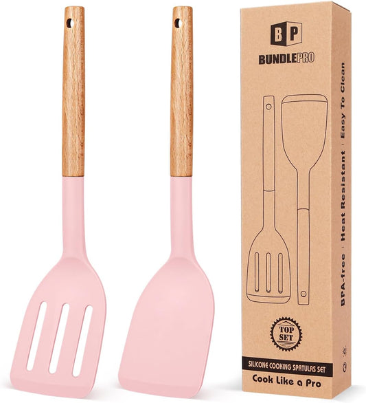 Pack of 2 Silicone Cooking Spatula, Heat Resistant Solid Turner, Non Stick Slotted Spatulas with