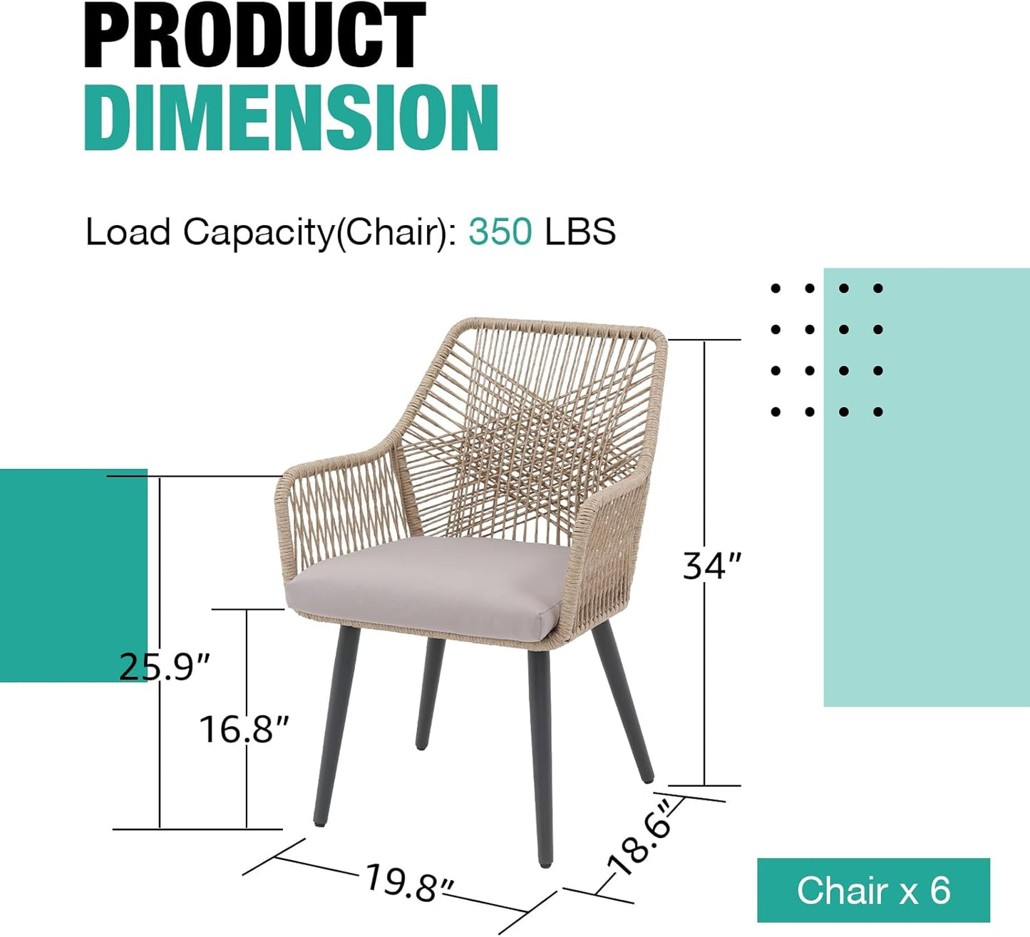 Patiorama Patio Dining Chair Set of 6, Woven Rope Outdoor Dining Chair w/Steel Frame, All-Weather Twisted Rattan Chairs w/Armrest & Cushion, Outdoor Dining Wicker Chairs for Backyard Garden(Beige)