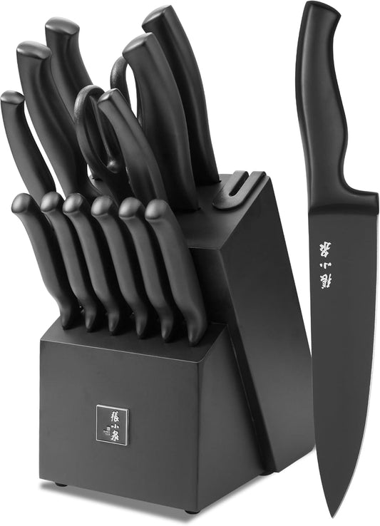 ZHANG XIAO QUAN SINCE 1628 15Pcs Knife Sets with Block, knife sets for kitchen with block High Carbon Stainless Steel Built-in Sharpener Dishwasher Safe(Black)