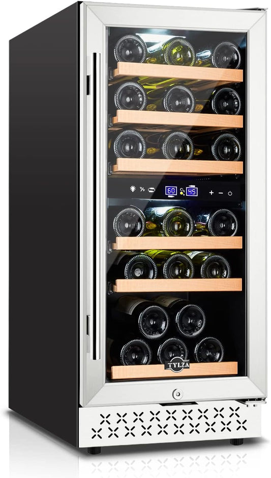 Tylza Mini Fridge 15 Inch Wine Cooler Under Counter, 33 Bottle Dual Zone Wine Fridge with Stainless
